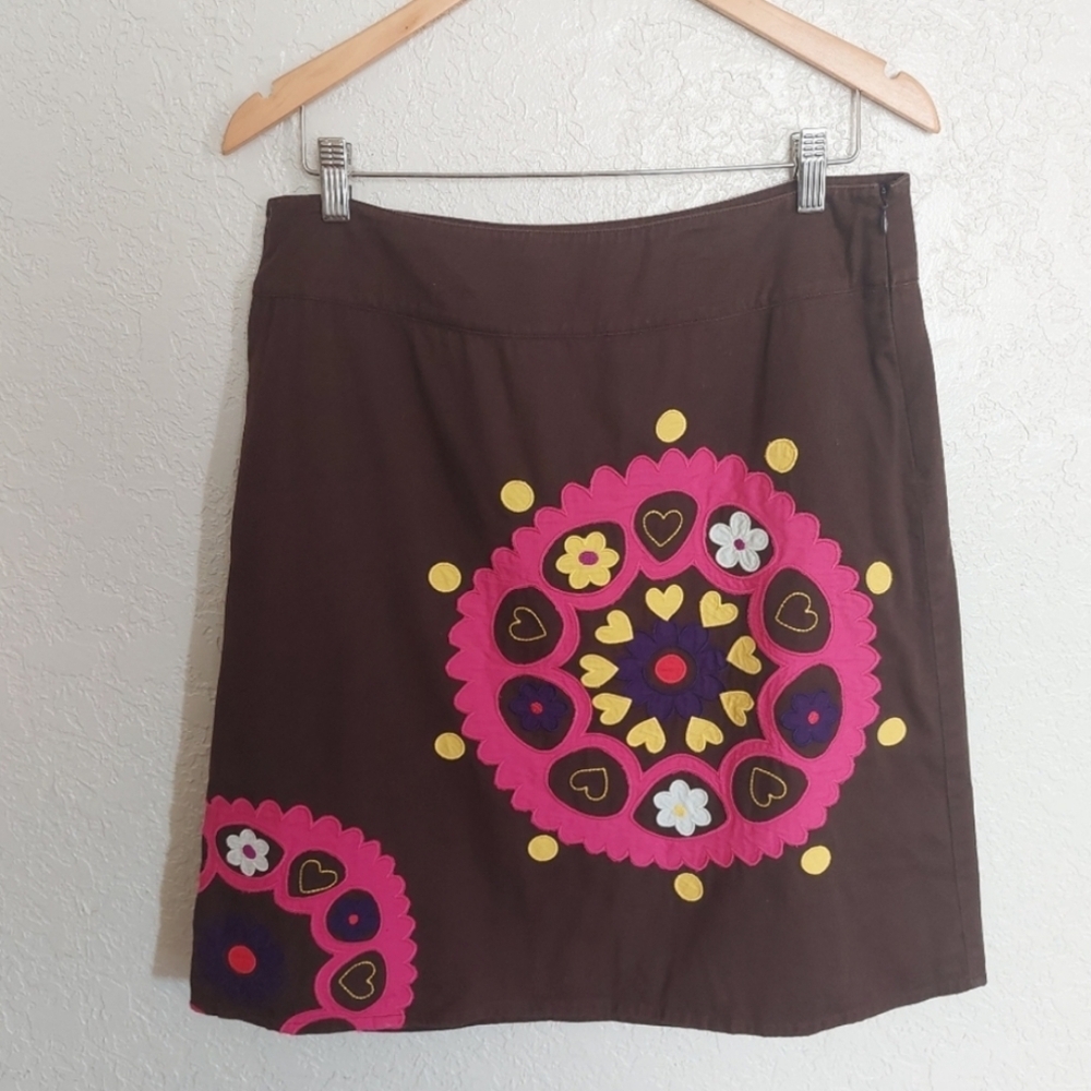 Boden Brown & Pink Heart/Floral Applique Skirt